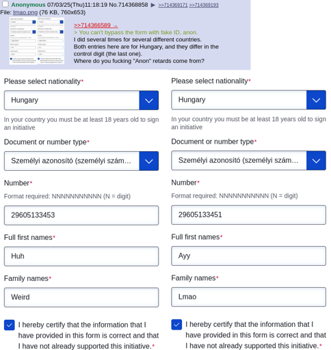 Form with fake identity