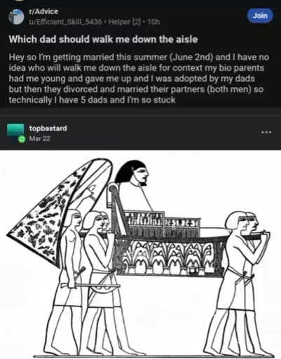 Post: "Which dad should walk me down the aisle. Hey so I'm getting married this summer (June 2nd) and I have no idea who will walk me down the aisle for context my bio parents had me young and gave me up and I was adopted by my dads but then they divorced and married their partners (both men) so technically I have 5 dads I'm so stuck" Reply: Picture of a palanquin being carried by five people 