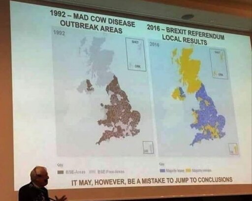 Two maps of the UK: one showing cases of BSE (aka mad cow disease) in 1992; the other showing Brexit referendum results in 2016. There is an exact match between areas with BSE and areas that voted to leave the EU.
