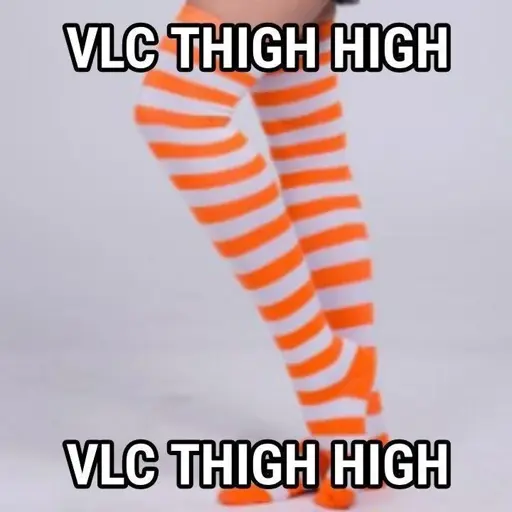Orange and white stripped knee-high socks with text overlaid on top and on bottom, "VLC thigh high"