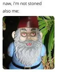 garden gnome with dark circles around its eyes, captioned "naw, i'm not stoned" "also me:"