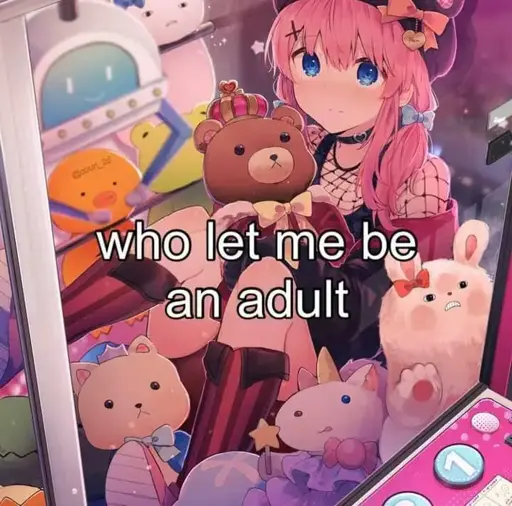 Picture of an anime girl in a claw machine surrounded by stuffed animals with the overlaid text: "who let me be an adult".