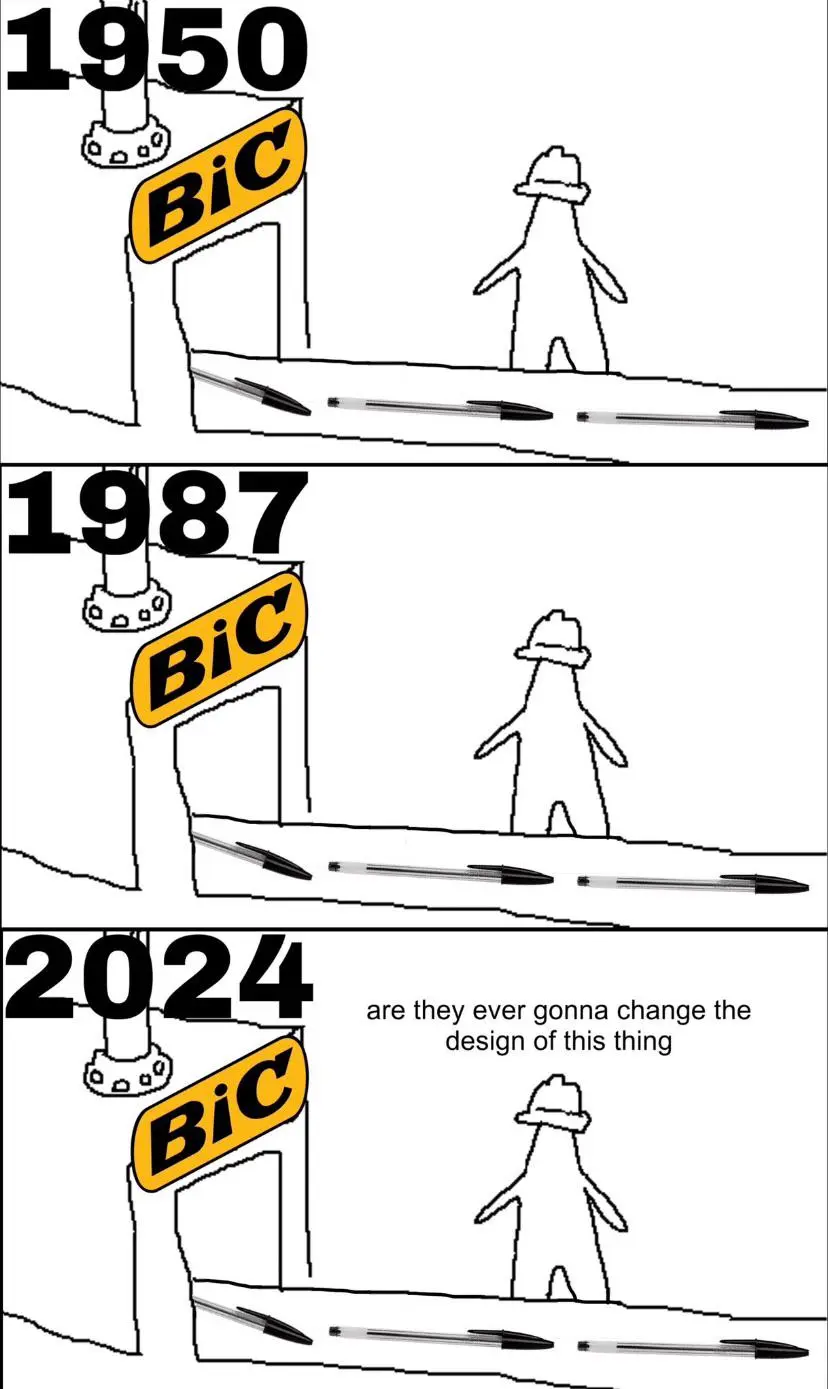 factory worker at Bic in front of conveyor belt, first panel says 1950, second panel says 1987, third panel says 2024, and the worker says "are they ever gonna change the design of this thing"