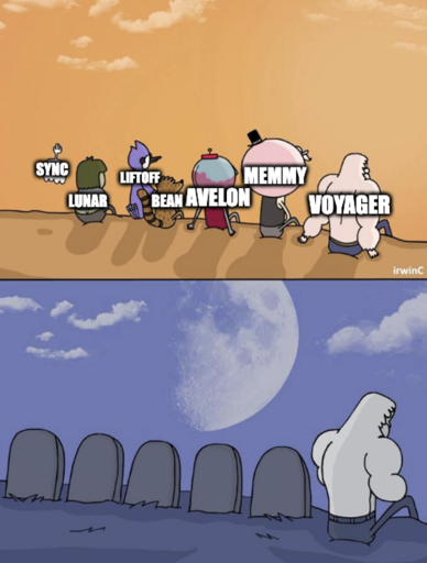 Skips "Voyager" from regular show sitting next to his friends "Memmy" "Avelon" "Bean" "Liftoff' "Lunar" and "Sync" on a cliff watching the sunset. Then the next shot shows everyone but him becoming a grave stone.