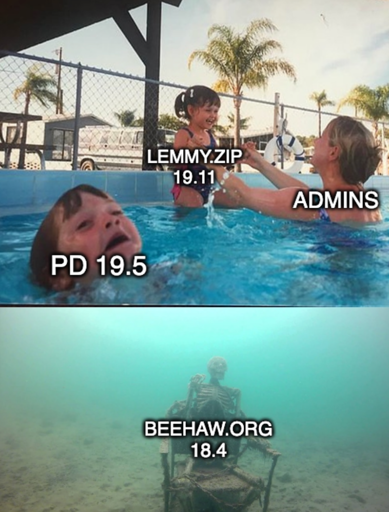 Mother "admins" with girl "lemmy.zip 19.11" Ignoring boy "PD 19.5" Drowning In A Pool with skeleton "Beehaw.org 18.4" at bottom Meme 